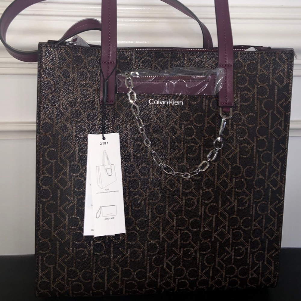 Calvin Klein Tote NWT Brown/Khaki/ Eggplant
